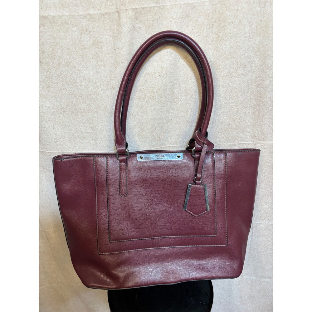 Guess‎ Womens Burgundy Textured PVC Tote Bag Shoulder Purse Silver Hardware